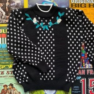 Vintage NWT Black & White Sweater W/ Floral Embroidery Detail
